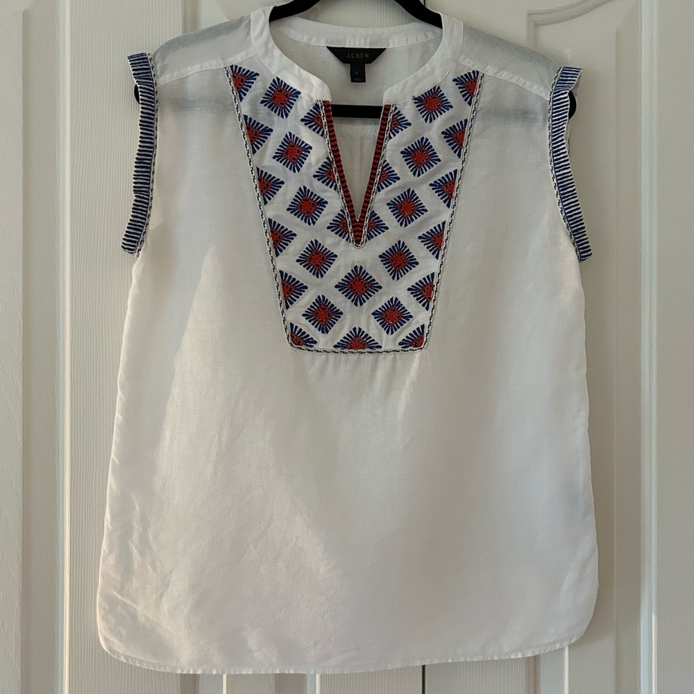 J. Crew -  Embroidered Cap-Sleeve Linen/Cotton Blend Top - Size 2
